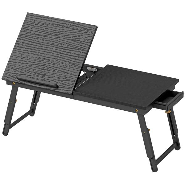 Mesa Reclinável para Cama e Sofá, Tabuleiro Dobrável com Gaveta Lateral para Computador Portátil e Livros, Cinco Alturas, Preto