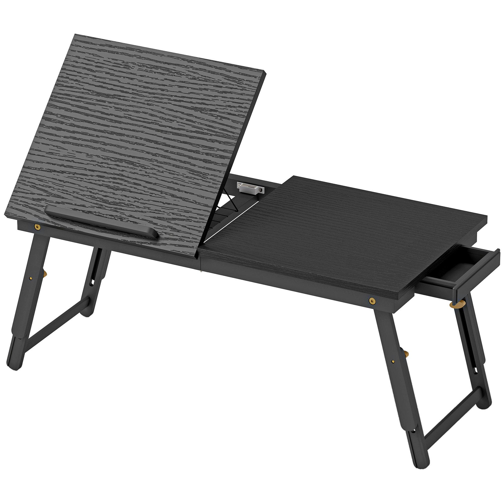 Mesa Reclinável para Cama e Sofá, Tabuleiro Dobrável com Gaveta Lateral para Computador Portátil e Livros, Cinco Alturas, Preto