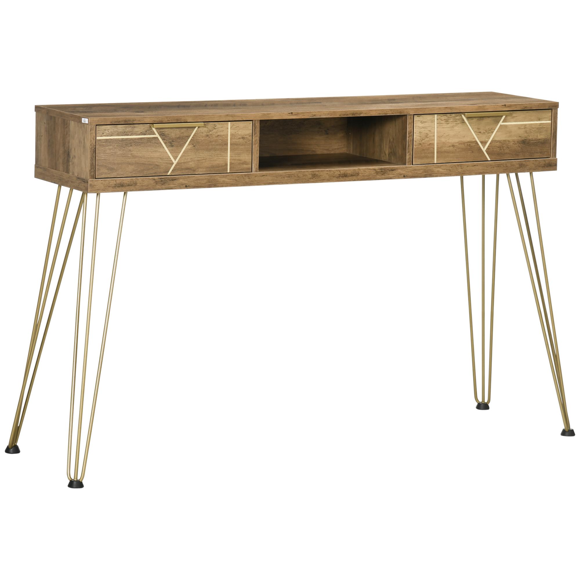 Consola Móvel de Entrada com 2 Gavetas Prateleira Aberta e Pés de Aço Estilo Moderno 120x29x79cm Madeira e Bronze