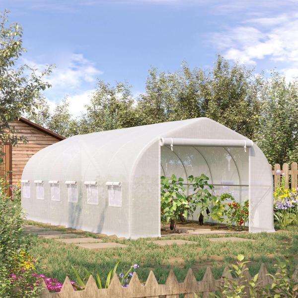 Estufa Tipo Túnel 595x300x200cm Estufa de Jardim Grande com 12 Janelas e Porta Enrolável com Zíper para Cultivo de Plantas Branco