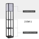 Candeeiro de Pé de Madeira com 3 Prateleiras De Armazenamento para Lâmpada E27 Potência Máx. 40W Candeeiro Moderno para Sala de Estar Dormitório 26x26x160cm Preto