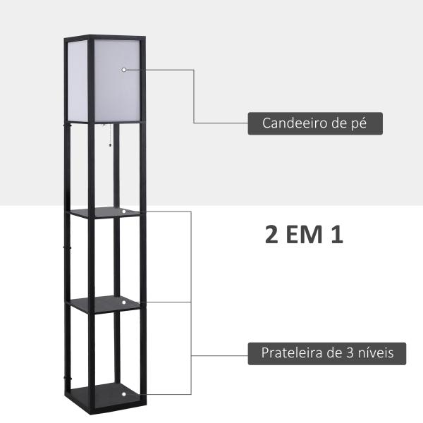 Candeeiro de Pé de Madeira com 3 Prateleiras De Armazenamento para Lâmpada E27 Potência Máx. 40W Candeeiro Moderno para Sala de Estar Dormitório 26x26x160cm Preto