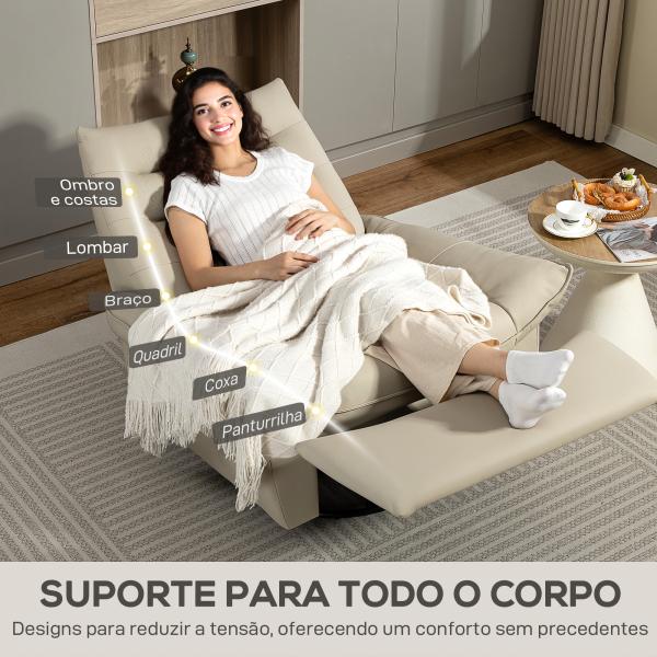 Poltrona Relax Reclinável Manual Giratória Função Baloiço Estofada em PU Reclinável até 135º 97x94x98 cm Creme