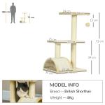 Arranhador para Gatos Médio de 3 Níveis com Postes de Sisal Placa para Arranhar e Bola Suspensa 40x35x72 cm Creme