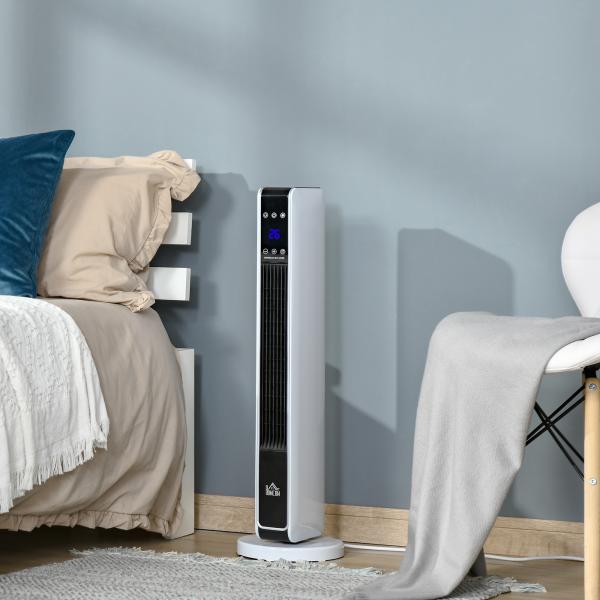 Aquecedor Cerâmico de Torre 1000/2000W com Controle Remoto Tela LED 3 Modos de Aquecimento Termostato Temporizador e Oscilação 65° para 25m² 21x21x73cm Branco