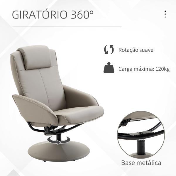 Poltrona Relax Reclinável até 145° com Banco de Apoio para os Pés Poltrona Giratória 360° Estofada em PU e Estrutura de Aço 78x67x98cm Cinza