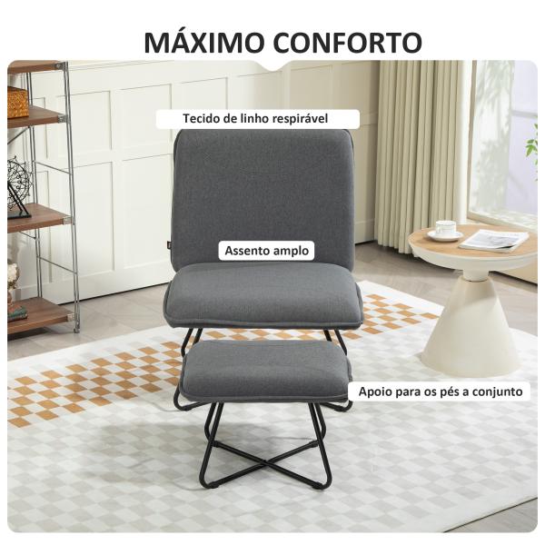 Poltrona Sala de Estar com Apoio para os Pés Poltrona Relax com Pés de Aço em Forma de Cruz Cinza Escuro