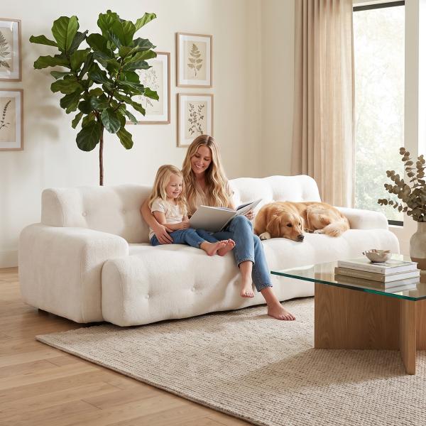Sofá de 3 Lugares em Chenille sem Estrutura com Assento Profundo e Acabamento Capitoné, Creme