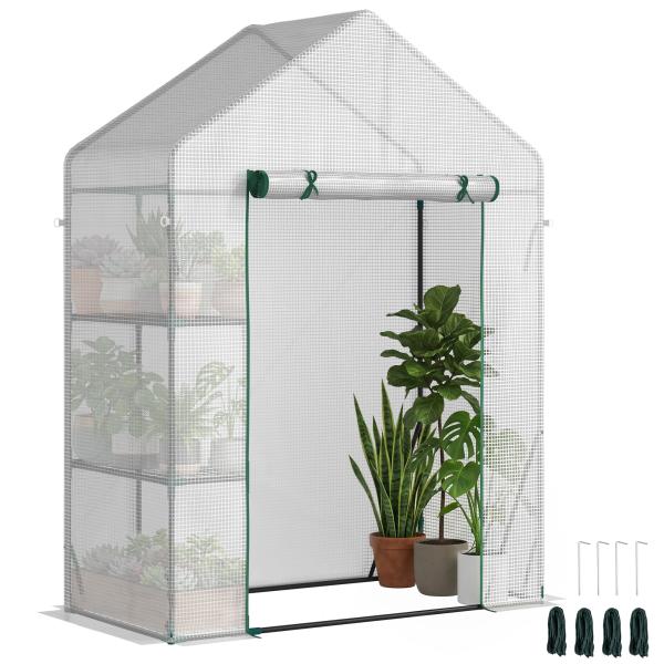 Estufa de Jardim 143x73x195cm Estufa de Aço com 2 Prateleiras e Porta Enrolável para Cultivos de Plantas Vasos de Flores Pátio Exterior Branco