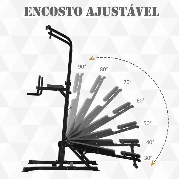 Estação de Musculação Torre de Treinamento Altura Ajustável com Barra de Flexões e Banco Dobrável para Fitness em Casa Academia Carga 150kg 99x178x230cm Preto