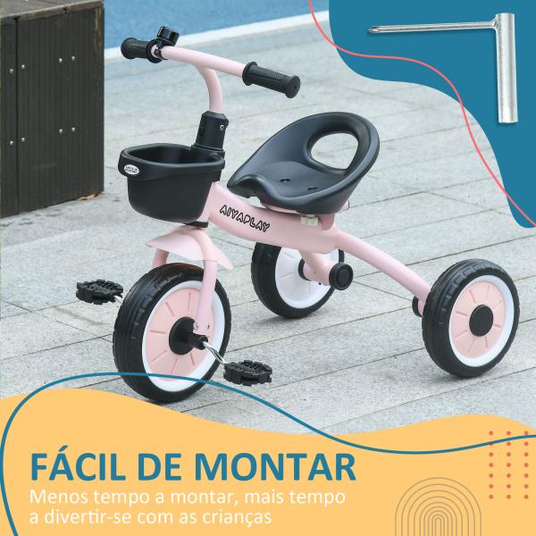Triciclo para Crianças de 2 a 5 anos com Assento Ajustável Cesta Buzina e Pedais e 3 Rodas 70,5x53x58 cm Rosa