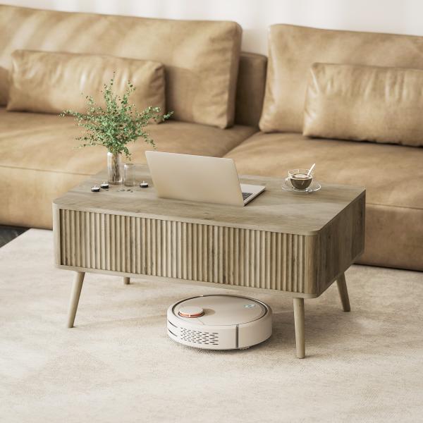 Mesa de Centro Elevatória com Compartimentos Ocultos de Armazenamento e Pés de Pinho 91x56x43 cm Carvalho