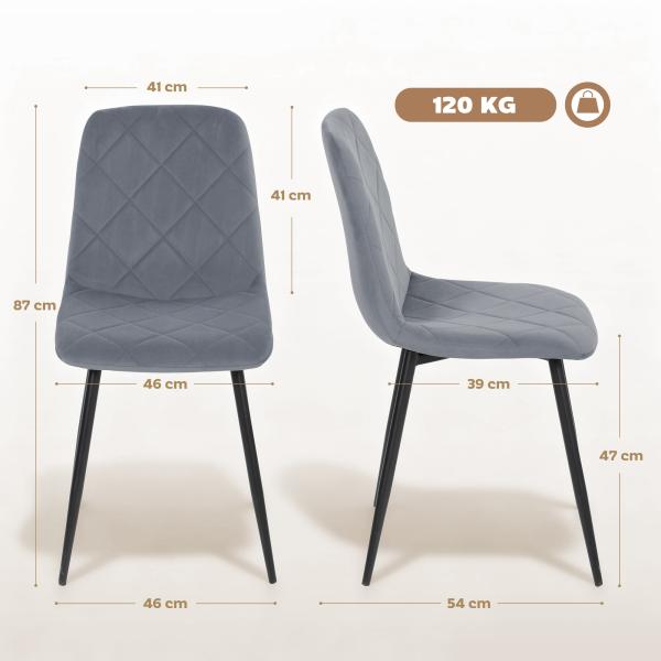 Conjunto de 4 Cadeiras de Jantar Modernas Cadeiras de Cozinha Estofadas em Veludo com Pés de Aço 45x54x87 cm Cinza