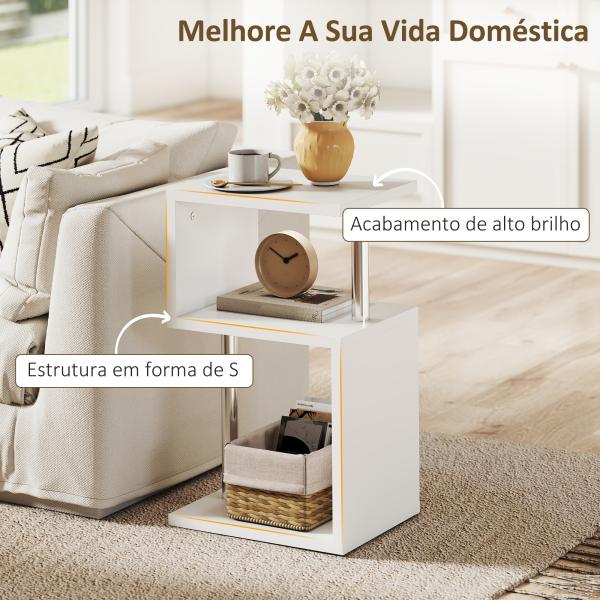 Mesa Auxiliar com Luz LED 3 Níveis Forma de S Prateleiras Abertas e Estrutura em Alumínio 44x38x75 cm Branco