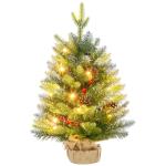 Árvore de Natal de Mesa 60 cm com 20 Luzes LED 141 Ramos 5 Pinhas 5 Bagas Vermelhas e Suporte de Metal para Interior Verde
