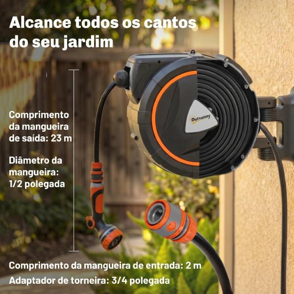 Carretel de Mangueira Retrátil 23+2 m com 12 Modos de Pulverização Bloqueio Automático Retração Controlada Suporte Laranja