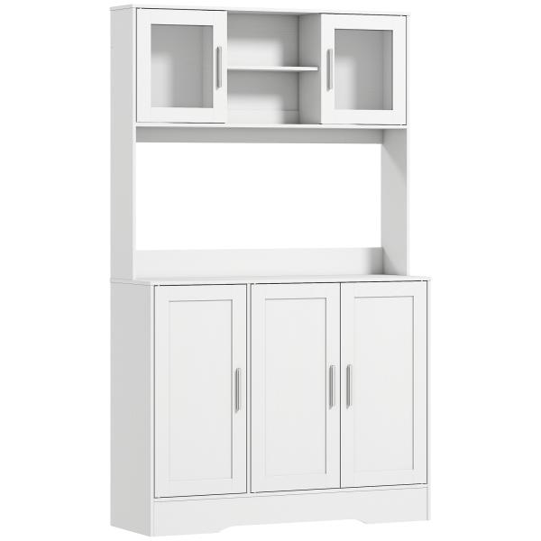Armário de Cozinha com 2 Portas de Vidro Bancada Ampla para Micro - ondas Compartimentos Abertos Prateleiras Ajustáveis Branco