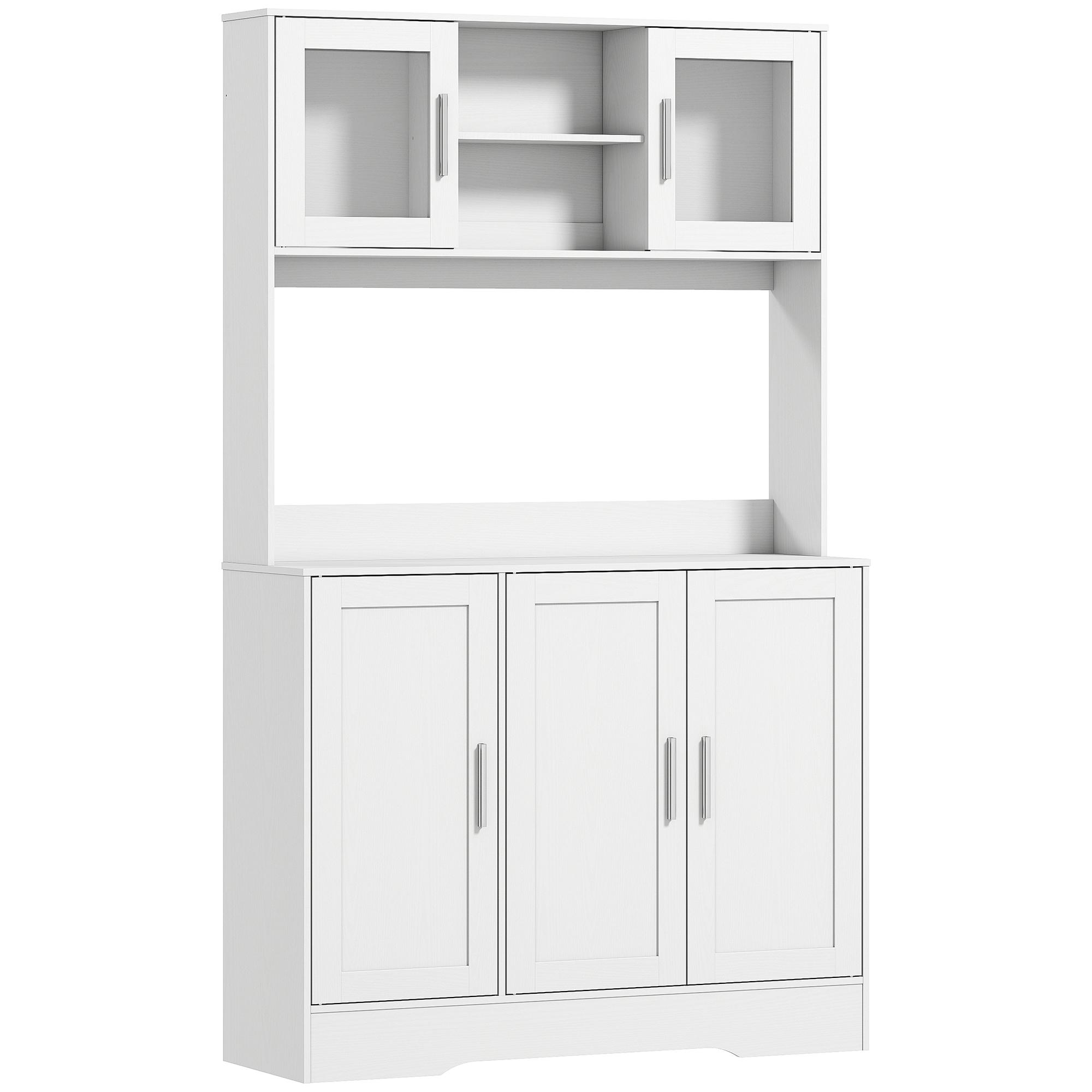 Armário de Cozinha com 2 Portas de Vidro Bancada Ampla para Micro - ondas Compartimentos Abertos Prateleiras Ajustáveis Branco