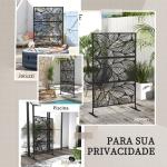 Biombo de Exterior Separador de Ambientes com 3 Peças com Padrão de Flores Grande e Estrutura de Aço 122x45x198 cm Preto