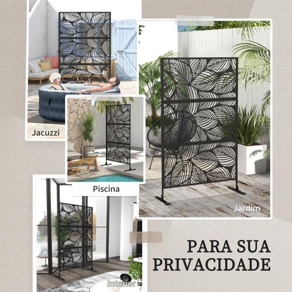 Biombo de Exterior Separador de Ambientes com 3 Peças com Padrão de Flores Grande e Estrutura de Aço 122x45x198 cm Preto