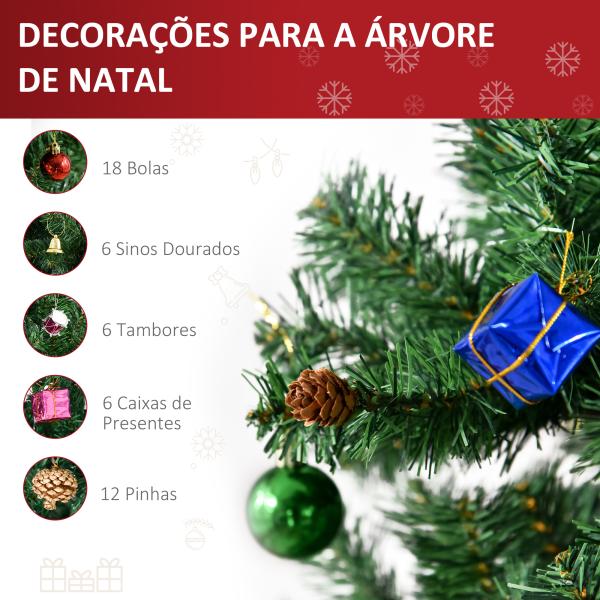 Árvore de Natal Artificial 180cm Ignífugo com 624 Ramos 48 Decorações Folhas de PVC e Suporte Metálico Verde