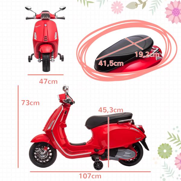 Moto Elétrica para Crianças de 3 - 6 Anos com Licença Vespa com USB MP3 Luz LED Rádio FM Velocidade 3 km/h Vermelho