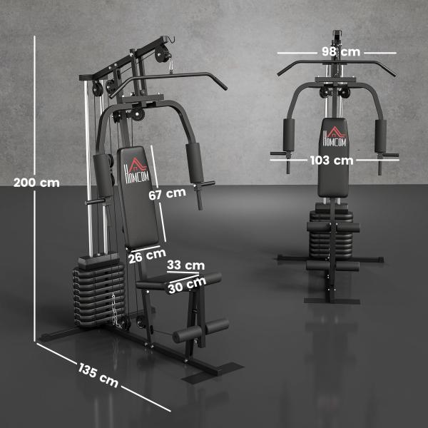 Máquina de Musculação com Pesos Ajustáveis de 45 kg, Press de Peito e Pernas, Polia, 135x103x200 cm, Preto