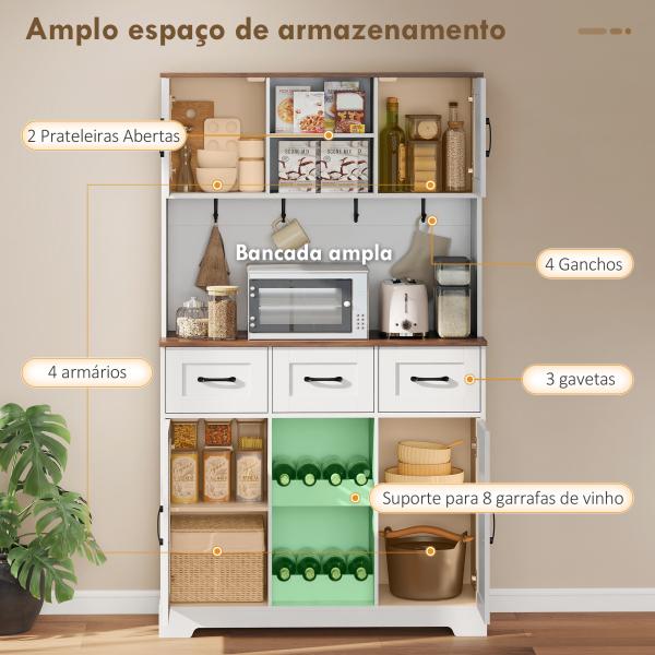 Amário de Cozinha Alto com Suporte para 8 Garrafas 4 Portas 3 Gavetas Prateleiras Abertas100x38x172 cm Branco