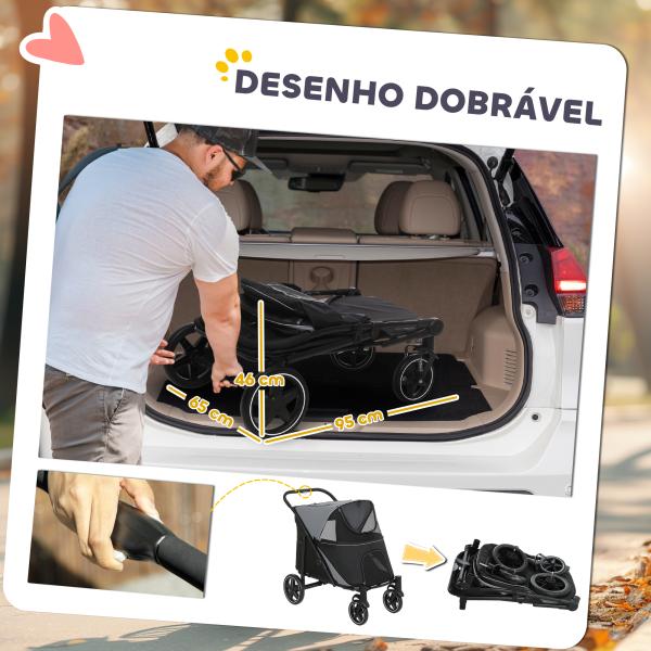 Carrinho para Cães Dobrável com Janelas de Malha Cinto de Segurança e Bolsos de Armazenamento 112x65x100 cm Cinzento