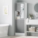 Armário de Casa de Banho com Cesto para Roupa Suja Espelho Gaveta e Prateleiras Ajustáveis 62x28,3x181 cm Branco e Cinza