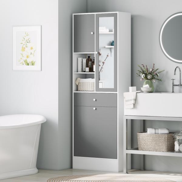 Armário de Casa de Banho com Cesto para Roupa Suja Espelho Gaveta e Prateleiras Ajustáveis 62x28,3x181 cm Branco e Cinza