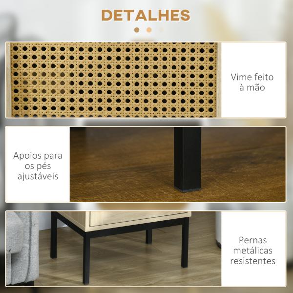 Mesa de Cabeceira com Porta de Vime Estilo Cannage com Pés de Metal 43x30x51 cm Madeira e Preto