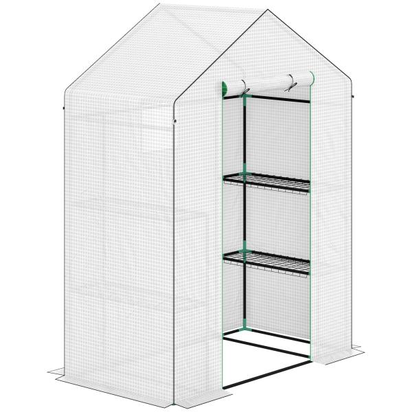 Estufa de Jardim com 1 Porta 2 Janelas e Prateleiras de 2 Níveis em Forma de U para Cultivo de Plantas 140x73x190 cm Branco