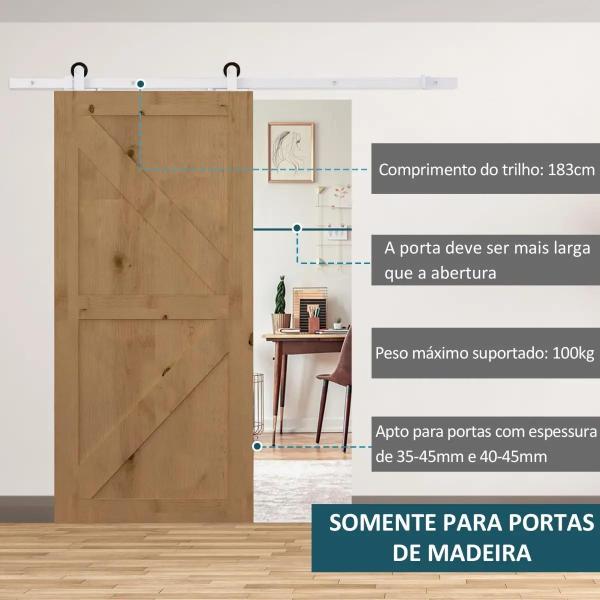 Ferragens para Porta Corredeira Kit de Acessórios para Porta Corredeira de Madeira com Guia de Chão Trilho de Aço de Carbono Branco