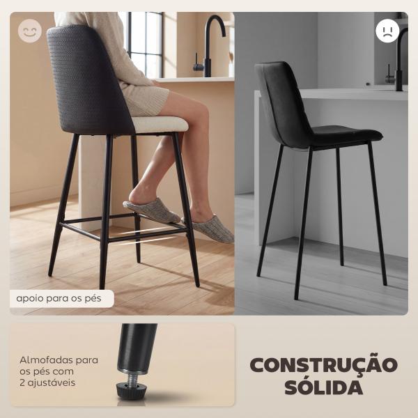 Conjunto de Bancos Altos de Cozinha com Encosto e Descanso para os Pés Revestidos em Linho e PU Estrutura de Aço Preto