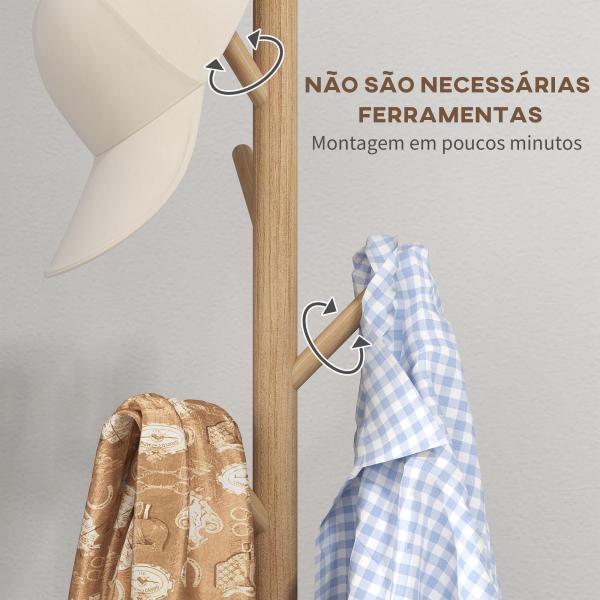 Cabide de Pé de Madeira com 8 Ganchos para Pendurar Roupa e Bolsas Forma de Árvore para Corredor Entrada 40x40x165 cm Natural