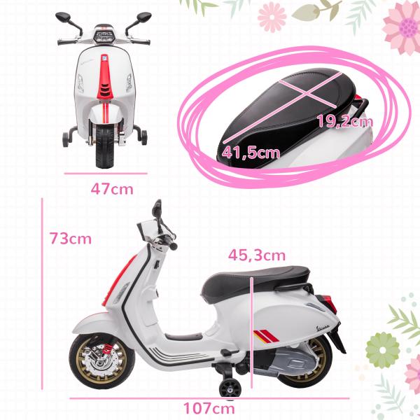 Moto Elétrica para Crianças de 3 - 6 Anos com Licença Vespa com USB MP3 Luz LED Rádio FM Velocidade 3 km/h Carga 35 kg Branco