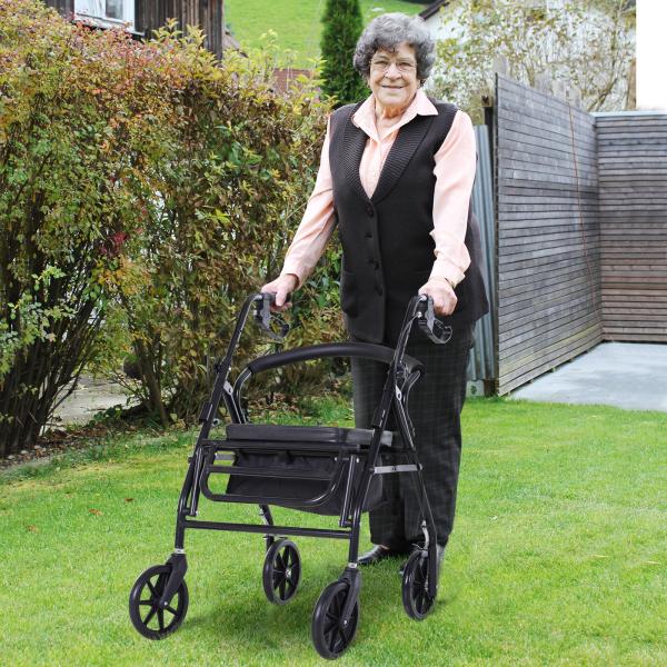 Andarilho 4 Rodas Andarilho Dobrável Leve Assento Encosto Acolchoado Pegas Ergonómicas Metal Preto