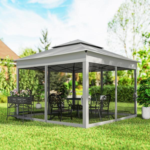 Tenda Dobrável Exterior 325x325x270 cm Tenda de Jardim com Teto Duplo Rede Mosquiteira Amovível e Bolsa de Transporte Cinzento