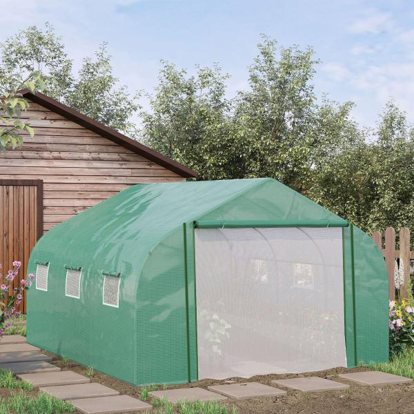 Estufa de Túnel 3,5x3x2m Estufa de Jardim com Porta e 6 Janelas Enroláveis de Polietileno Metal Galvanizado para Cultivos de Plantas Flores Verde