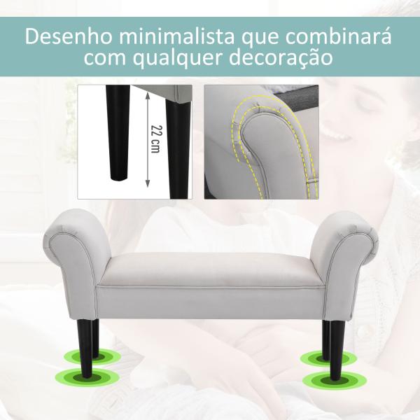 Banco de Pé de Cama Banco com Braços Curvados Estofado e Pés de Madeira Carga Máxima 130kg 102x31x51cm Creme