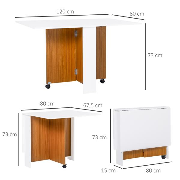 Mesa de Sala de Jantar Dobrável com Rodas Mesa Multifuncional para Sala de Jantar 120x80x73cm Branco e Teca