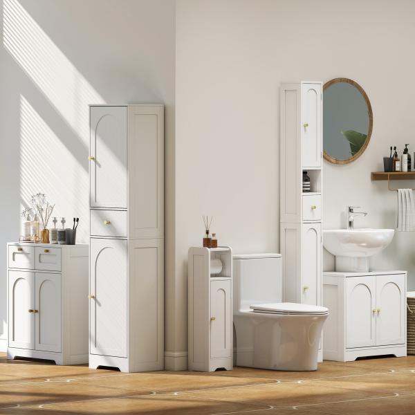 Móvel para Lavatório Pousar com 2 Portas em Arco Puxadores Dourados para Lavatório com ou sem Pedestal 60x30x65 cm Branco