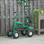 Banco de Jardim com Rodas Banco Giratório e Ajustável em Altura Bandeja para Ferramentas Cesta para Exterior Verde