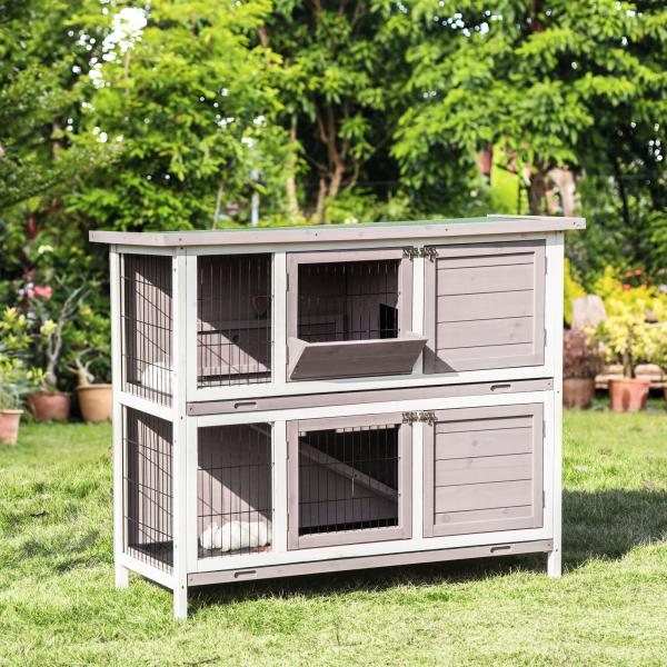 Coelheira de Madeira Exterior de 2 Níveis Gaiola para 1 - 2 Coelhos com Telhado com Abertura Comedouro Bandejas Removíveis Rampa e Portas com Fechadura 122x50x101cm Cor Areia