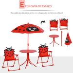 Conjunto de Mesa e Cadeira de Jardim Conjunto de Picnic Dobrável para Crianças Conjunto de Mesa com Chapéu de Sol com Altura Ajustável 100 - 125cm Desenho de Joaninha Vermelho