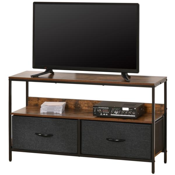 Móvel de TV até 47” Móvel de TV Industrial com Prateleira e 2 Cestos de Tecido Dobráveis para Sala de Estar Dormitório Estrutura de Metal 98x29x56cm Marrom Rústico e Preto