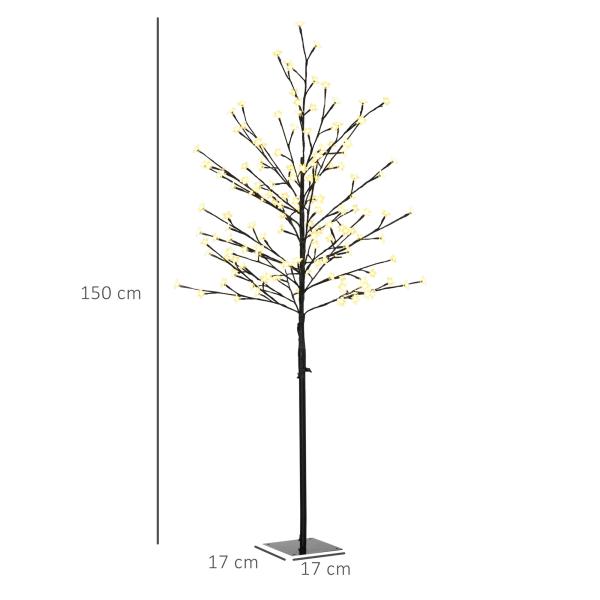 Árvore Cerejeira com 150 Luzes LED IP44 Branco Quente Árvore Decorativa com Ramos Flexíveis para Interior 17x17x150cm Preto