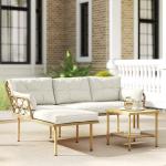 Conjunto de Jardim Exterior em Vime com 1 Sofá de Dois Lugares 1 Espreguiçadeira e 1 Mesa de Centro Madeira e Creme