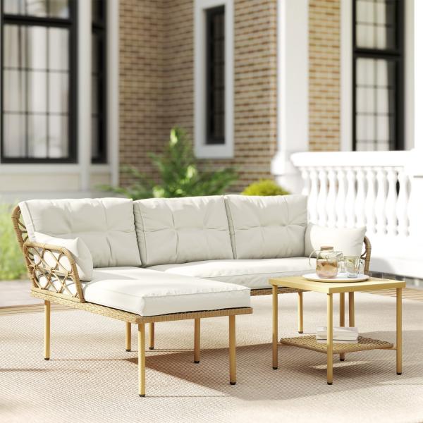 Conjunto de Jardim Exterior em Vime com 1 Sofá de Dois Lugares 1 Espreguiçadeira e 1 Mesa de Centro Madeira e Creme